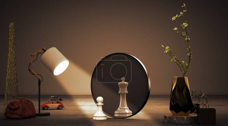 Téléchargez les photos : Vase en métal, miroir avec pièces d'échecs, rendu 3 d - en image libre de droit