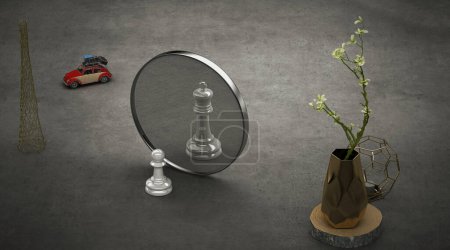 Téléchargez les photos : Vase en métal, miroir avec pièces d'échecs, rendu 3 d - en image libre de droit