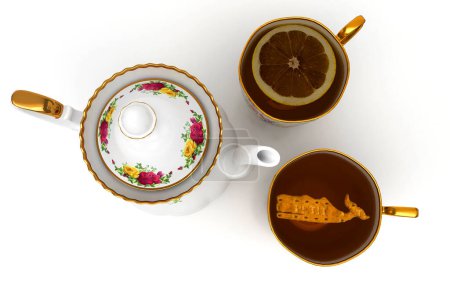 Téléchargez les photos : Tasse de thé chaud avec cookie baleine isolé sur fond blanc - en image libre de droit