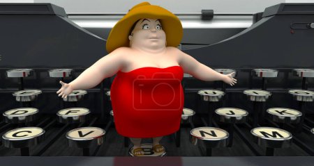 Foto de Máquina de escribir retro con un personaje de dibujos animados de una mujer, fondo blanco aislado - Imagen libre de derechos