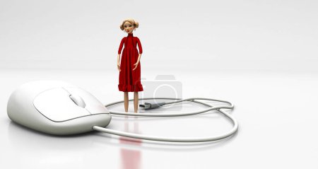 Photo for 3 d render of modern laptop mouse with  cartoon character of woman on white background, isolated - Royalty Free Image