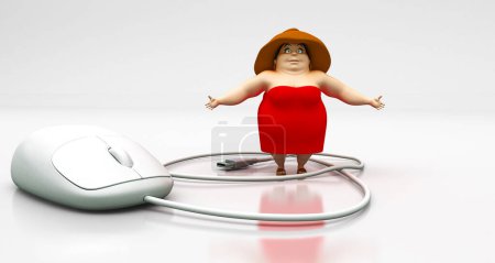 Téléchargez les photos : 3 d rendu de souris portable moderne avec personnage de dessin animé de la femme sur fond blanc, isolé - en image libre de droit