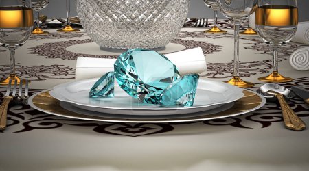 Foto de Anillo de diamantes con placa en la mesa en un restaurante de lujo - Imagen libre de derechos