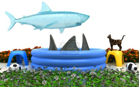 Photo for Small inflatable pool with sharks, unexpected pitfalls - Royalty Free Image