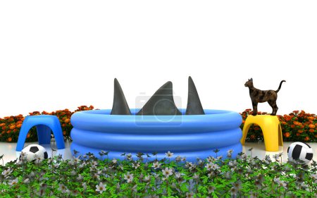 Téléchargez les photos : Petite piscine gonflable avec requins, pièges inattendus - en image libre de droit