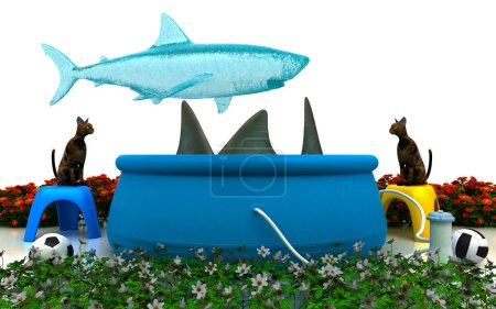 Téléchargez les photos : Petite piscine gonflable avec requins, pièges inattendus - en image libre de droit