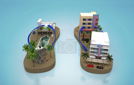 Foto de Chanclas con modelo miniatura de instalaciones hoteleras - Imagen libre de derechos