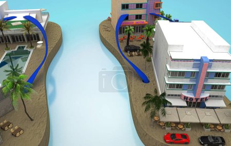 Téléchargez les photos : Tongs avec modèle miniature d'installations hôtelières - en image libre de droit