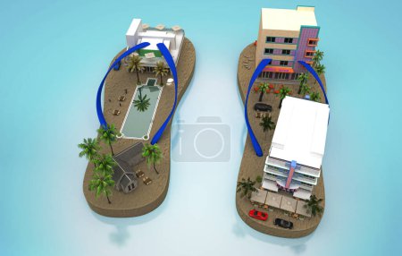Photo for Flip-flops with miniature model of hotel facilities - Royalty Free Image
