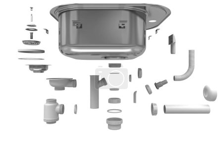 Foto de Secciones de lavabo de acero, elementos, vista explotada, renderizado 3d - Imagen libre de derechos