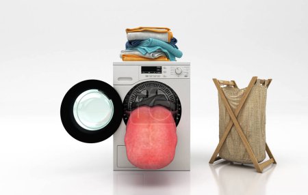 Foto de Lavadora antropomórfica con lengua que sale del tambor, higiene, limpieza, representación 3D - Imagen libre de derechos