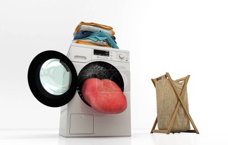 Téléchargez les photos : Machine à laver anthropomorphe avec langue sortant du tambour, hygiène, nettoyage, rendu 3d - en image libre de droit