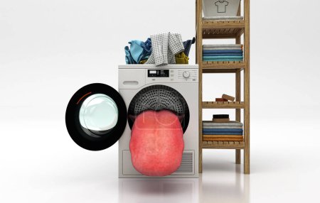 Foto de Lavadora antropomórfica con lengua que sale del tambor, higiene, limpieza, representación 3D - Imagen libre de derechos