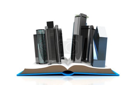 Foto de Rascacielos que emergen de un libro, venta de bienes raíces, 3d rendering - Imagen libre de derechos