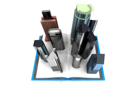 Photo for Skyscrapers emerging from a book, real estate sale, 3d rendering - Royalty Free Image