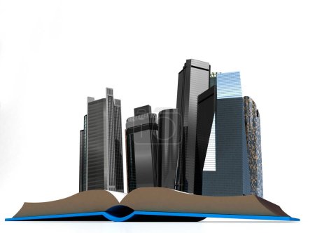 Téléchargez les photos : Gratte-ciel émergeant d'un livre, vente immobilière, rendu 3d - en image libre de droit