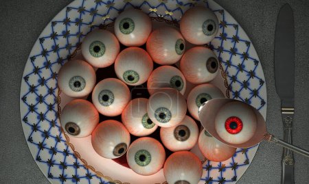 Téléchargez les photos : Plat contenant des globes oculaires, scène d'horreur, farce pour Halloween - en image libre de droit