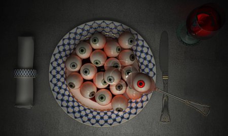 Téléchargez les photos : Plat contenant des globes oculaires, scène d'horreur, farce pour Halloween - en image libre de droit