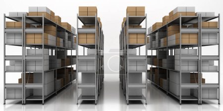 Bastidores de almacenamiento de almacén con parcelas, 3d render, aislado en blanco