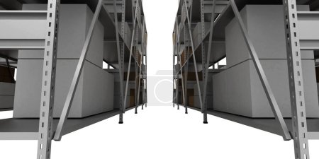 Foto de Bastidores de almacenamiento de almacén con parcelas, 3d render, aislado en blanco - Imagen libre de derechos