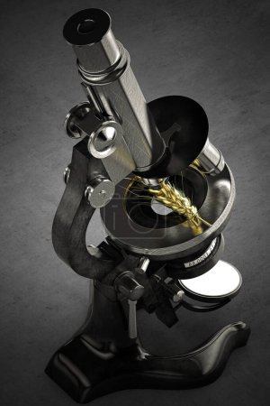 Foto de Microscopio mirando una espiga dorada de maíz, representación 3d, ilustración 3d - Imagen libre de derechos