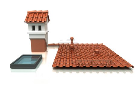 Téléchargez les photos : 3d rendu d'une maison avec un toit - en image libre de droit