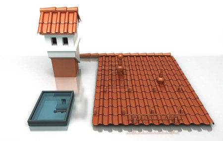 Téléchargez les photos : 3d rendu d'une maison avec un toit - en image libre de droit