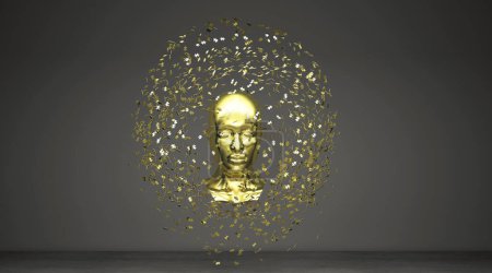 Téléchargez les photos : Tête dorée d'une femme avec un masque visageVisage doré entouré de pièces de puzzle, rendu 3D, illustration 3D - en image libre de droit