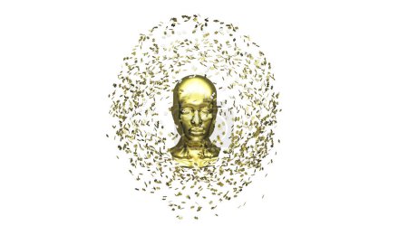 Téléchargez les photos : Tête dorée d'une femme avec un masque visageVisage doré entouré de pièces de puzzle, rendu 3D, illustration 3D - en image libre de droit