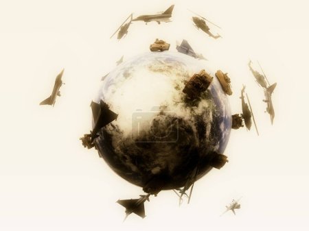 Photo for Global war, stylized planes and tanks around the planet earth - Royalty Free Image