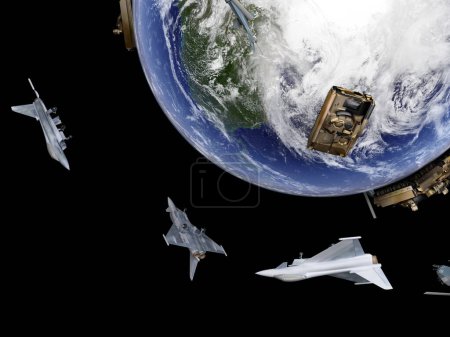 Téléchargez les photos : Guerre mondiale, avions stylisés et chars autour de la planète Terre - en image libre de droit