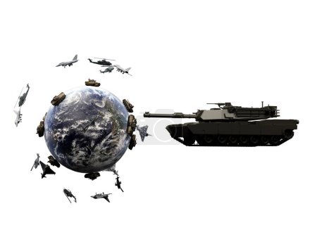 Foto de Guerra global, aviones estilizados y tanques alrededor del planeta tierra - Imagen libre de derechos