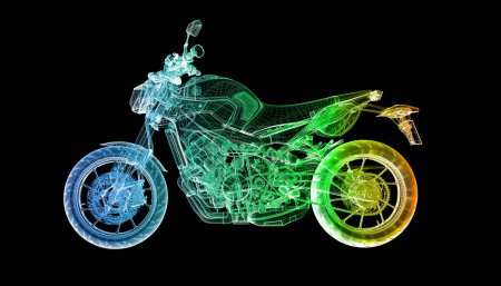 Téléchargez les photos : Projet moto, conception mécanique avec wireframe, rendu 3d, illustration 3d - en image libre de droit