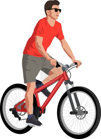 Téléchargez les illustrations : Illustration d'un jeune homme en vélo sur fond blanc isolé - en licence libre de droit