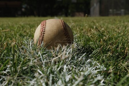 Téléchargez les photos : Balle de jeu utilisée posée sur la ligne de faute de baseball dans l'herbe hors champ sur le terrain du parc pour le sport - en image libre de droit