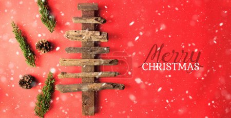 Photo for Christmas decoration with wooden christmas tree. christmas background with copy space - Royalty Free Image