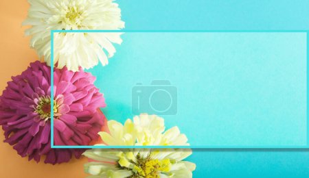 Foto de Cabezas de flores de Zinnia sobre fondo naranja y azul con espacio de copia y borde para la celebración del día de la madre. - Imagen libre de derechos