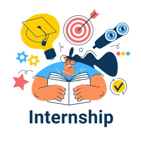 Illustration for Internship concept. Banner with keywords and icons. Concept with icon of goal, skills, knowledge, mentoring, practice, opportunity, and training. - Royalty Free Image