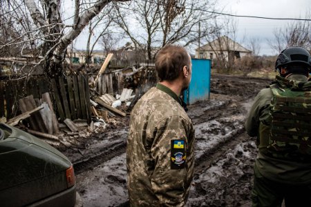 Photo for The Ukrainian army is positioned in Terny in the Donbass in Ukraine, this is the front line, the Russian army has invaded Ukraine and fierce fighting is taking place in this region which has become a battlefield - Royalty Free Image