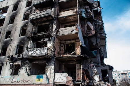 Photo for Irpin, Ukraine - March 14, 2023 Most buildings in Irpin are either destroyed or damaged beyond repair. The city was shelled by Russian artillery and many people died during the battle of Irpin. these are war crimes - Royalty Free Image