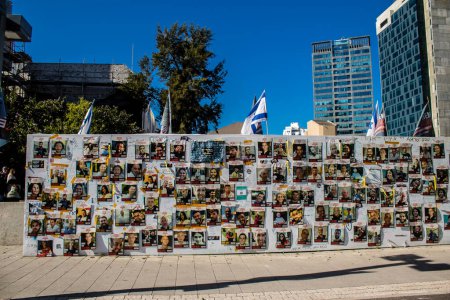 Photo for Tel Aviv, Israel, February 24, 2024 Hostages Square in front of the Tel Aviv Museum of Art, a place where people gather in memory of those kidnapped and held prisoner by Hamas in the Gaza Strip - Royalty Free Image