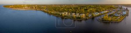 Photo for Panorama aerial view Flensburger Frde with sewage treatment plant and Murwik Naval School at Flensburg , Schleswig-Holstein, Germany. - Royalty Free Image