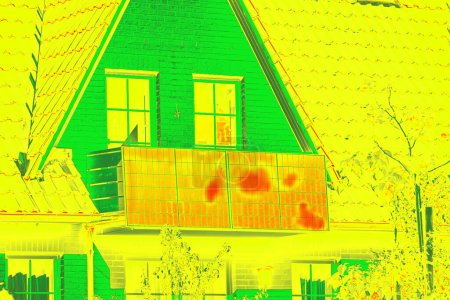 Photo for Thermographic inspection of photovoltaic systems on a balcony by the house. Thermovision image of solar panels. Infrared thermovision image. Infrared thermography in inspection of photovoltaic panels. - Royalty Free Image
