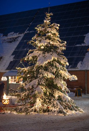 Foto de Árbol de Navidad gracias al mercado de Navidad, sus ramas adornadas con nieve y decoraciones festivas, mientras que en el fondo, un granero con paneles solares ejemplifica la mezcla de tradición y sostenibilidad. - Imagen libre de derechos