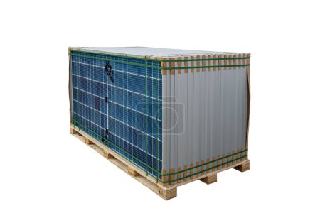 Pallets containing solar modules and components isolated on white background. Solar panels stacked on pallets for installation isolated on white background.