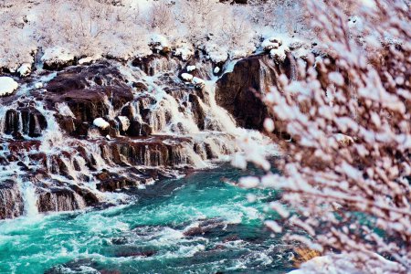 Cascading waterfall with turquoise waters, surrounded by snow-covered rocks and snow-powdered trees. Location: Hraunfossar, Iceland.