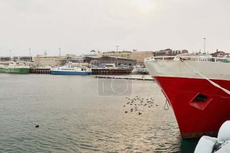 Harbor view with moored boats and a red ship's bow, calm sea with birds, and cloudy sky. Location: Reykjavik Iceland.