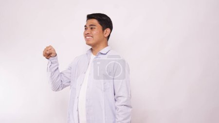 Photo for Asian man using sign language with hand. learn sign language by hand. ASL American Sign Language - Royalty Free Image