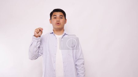 Photo for Asian man using sign language with hand. learn sign language by hand. ASL American Sign Language - Royalty Free Image