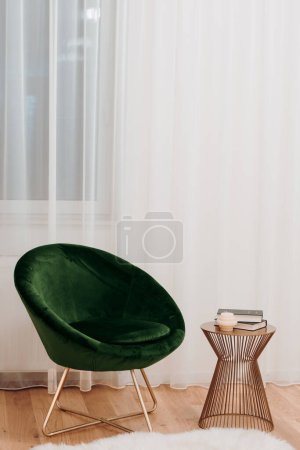 Photo for Stylish sofa, details of lounge chair. Boho design, comfortable area with textures and modern furniture - Royalty Free Image